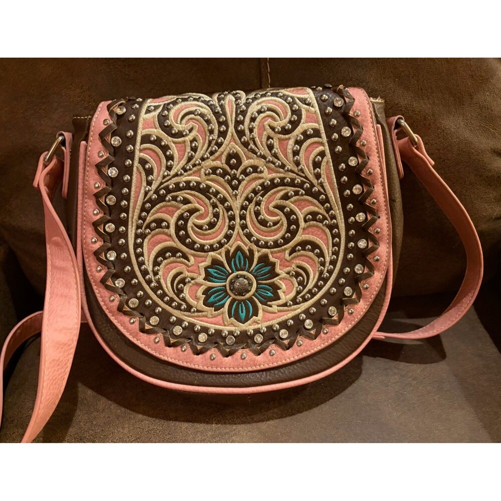 Montana West Pink Brown Western Crossbody Bag with Turquoise Accent - Picture 3 of 16